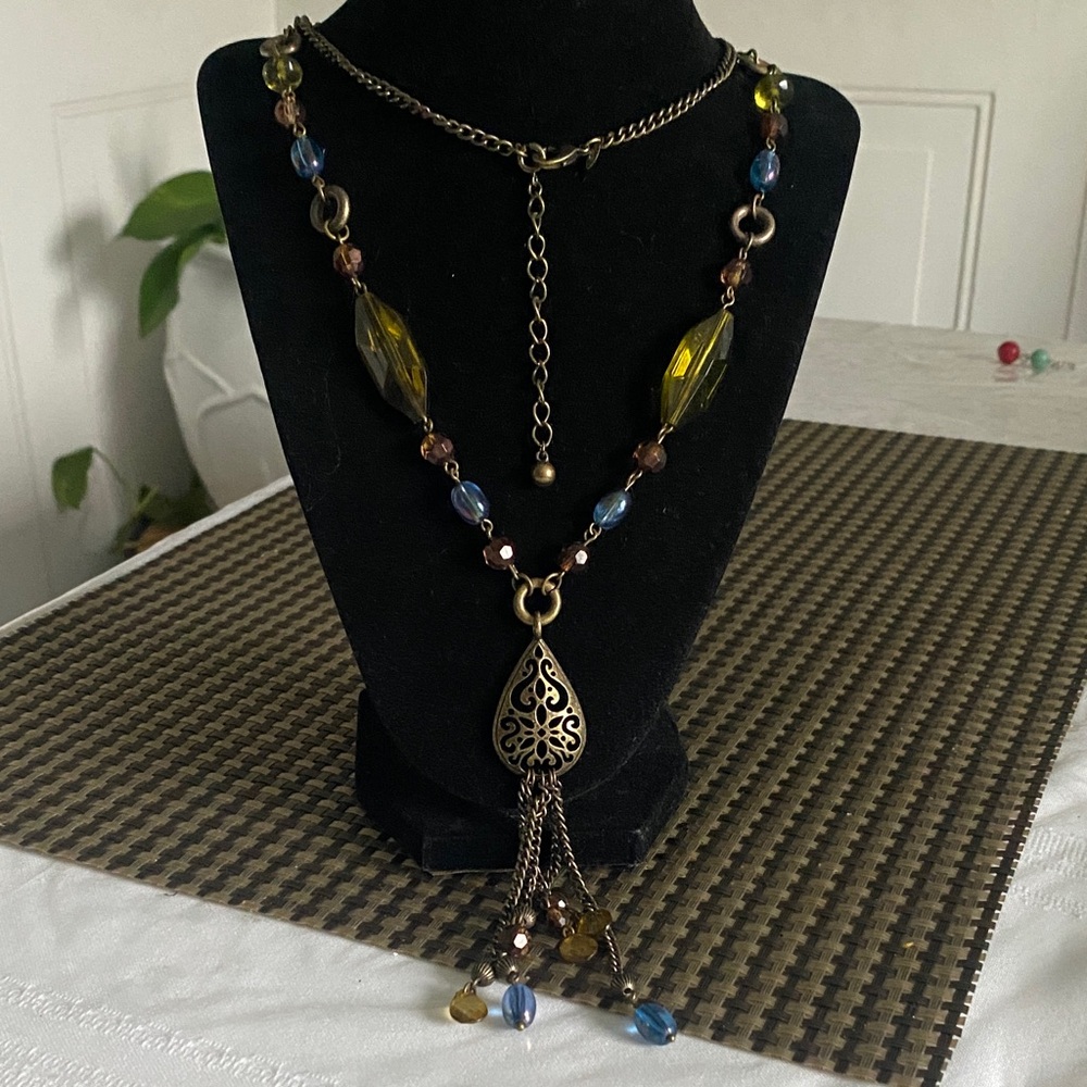 Avon Green and Blue Beaded Teardrop Tassel Necklace